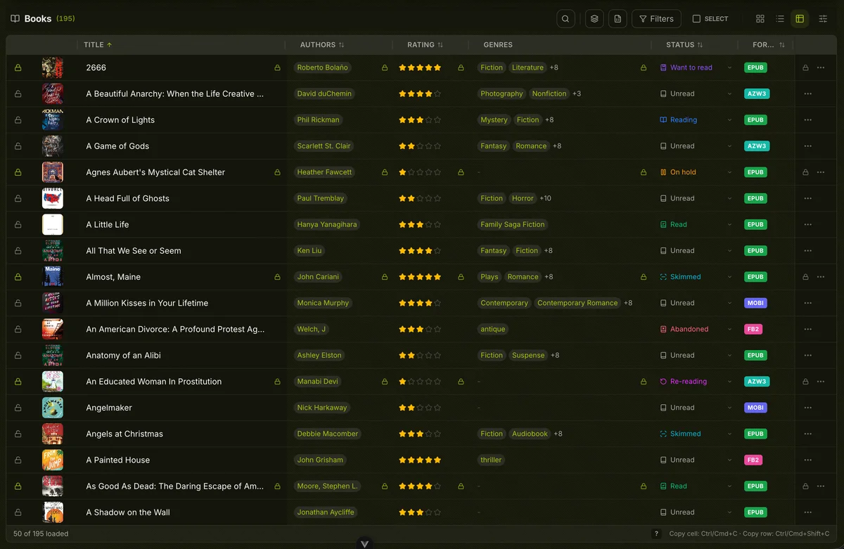 Table view showing 195 books with columns for title, authors, rating, genres, status, and format