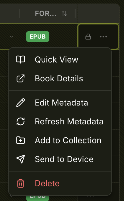 Row context menu showing Quick View, Book Details, Edit Metadata, Refresh Metadata, Add to Collection, Send to Device, and Delete