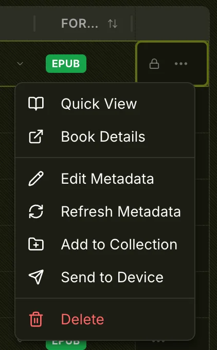 Row context menu showing Quick View, Book Details, Edit Metadata, Refresh Metadata, Add to Collection, Send to Device, and Delete