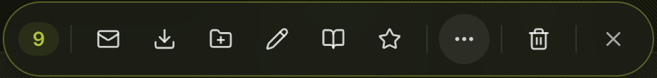 Selection action bar showing count badge and action icons for email, download, collection, edit, status, rating, more, delete, and exit