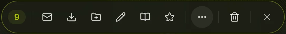 Selection action bar showing count badge and action icons for email, download, collection, edit, status, rating, more, delete, and exit