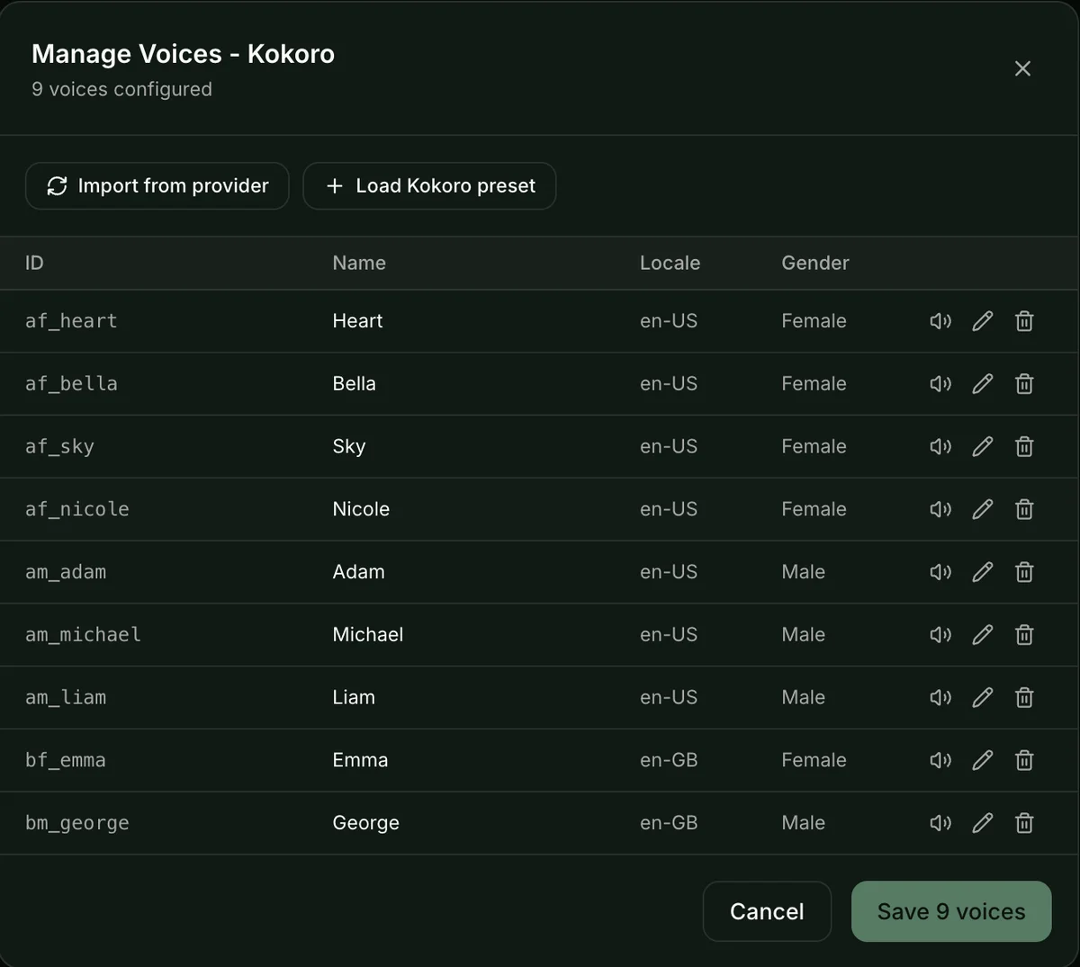 Manage Voices dialog with curated Kokoro voices and preview controls