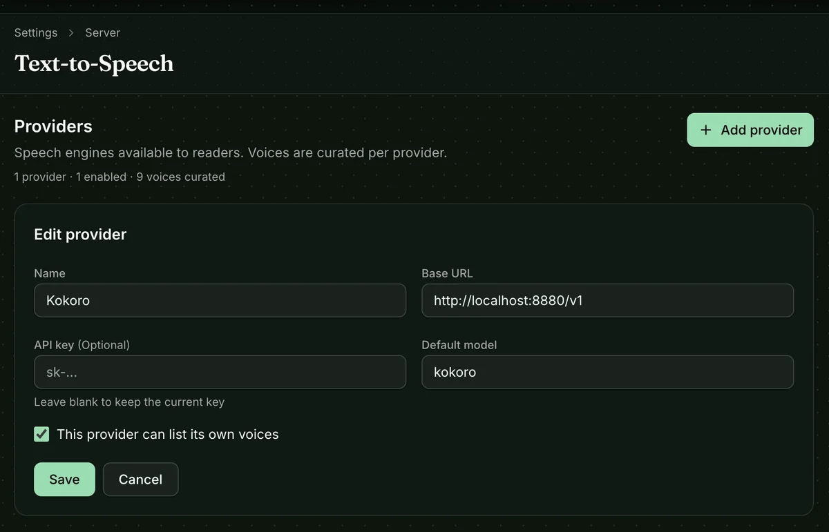 BookOrbit Text-to-Speech provider form configured for Kokoro