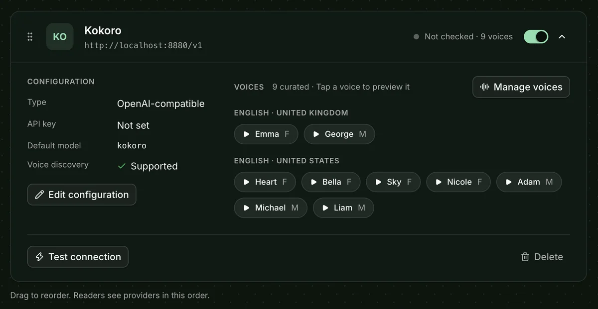 Expanded Kokoro provider with its configuration, voices, and connection test