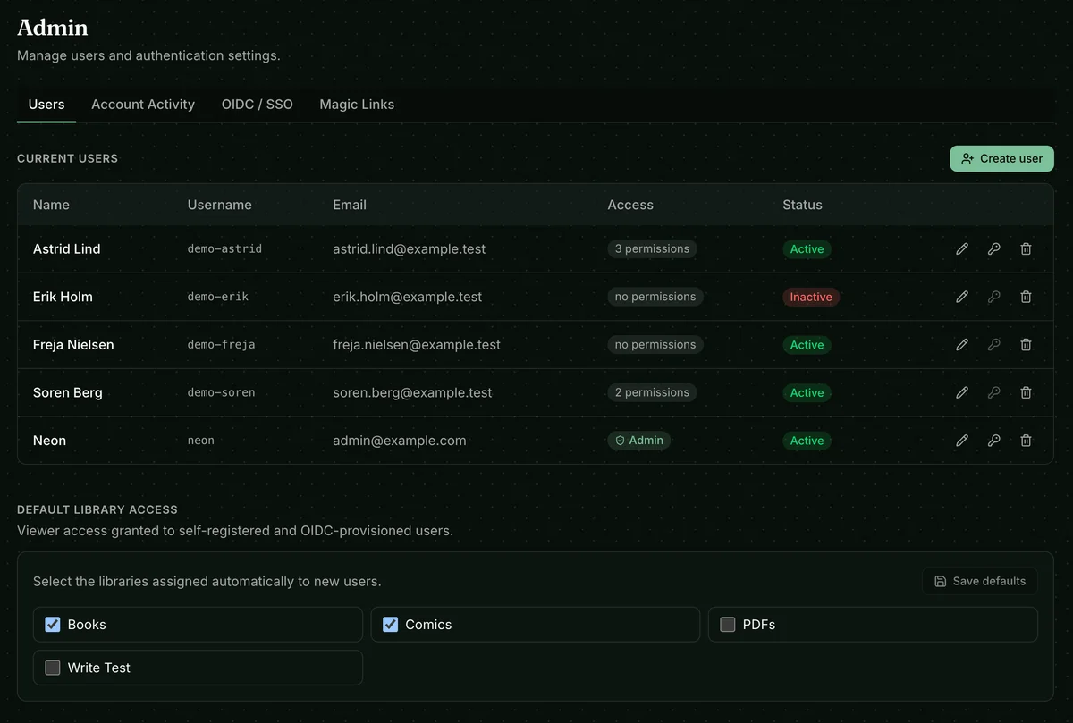 Admin Users tab showing accounts, their access and status, and default library access controls