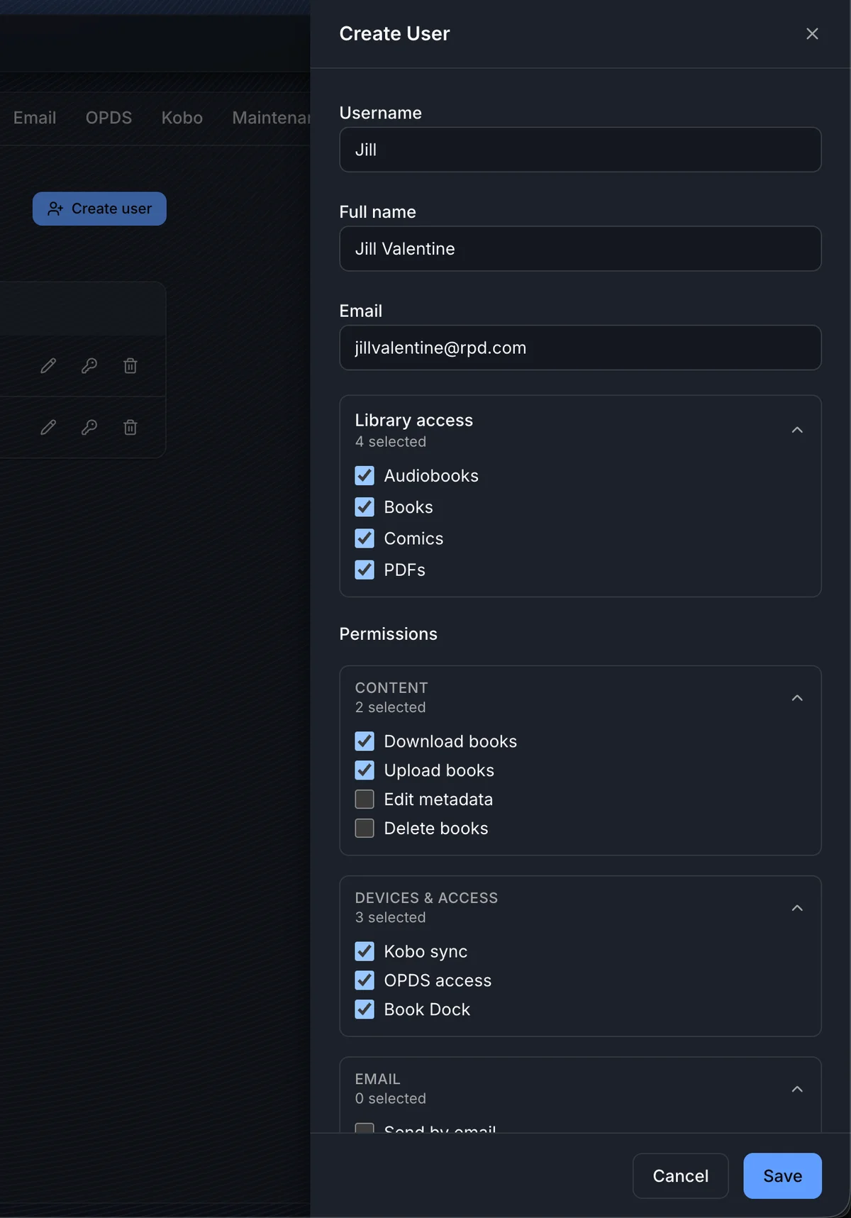 Create user dialog showing username, full name, email, library access checkboxes, and permissions grouped by category