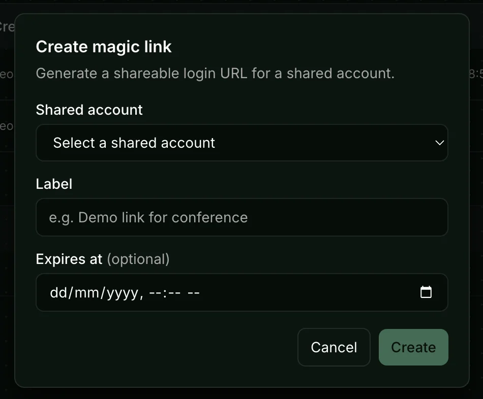 Create magic link dialog with shared account selector, label, and optional expiry field