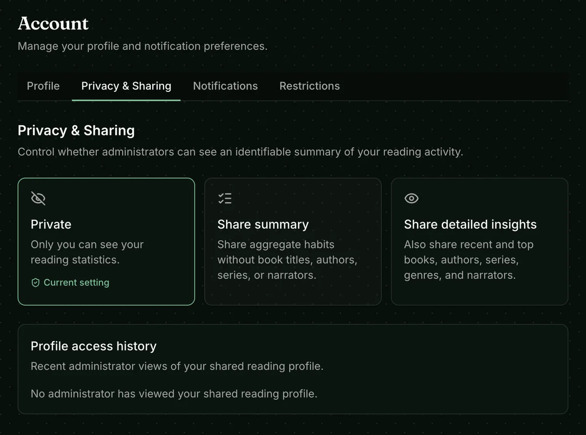 Privacy and Sharing tab with Private, Share summary, and Share detailed insights choices plus profile access history