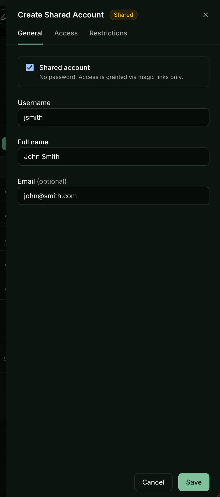 Create Shared Account dialog with Shared account enabled and username, full name, and optional email fields