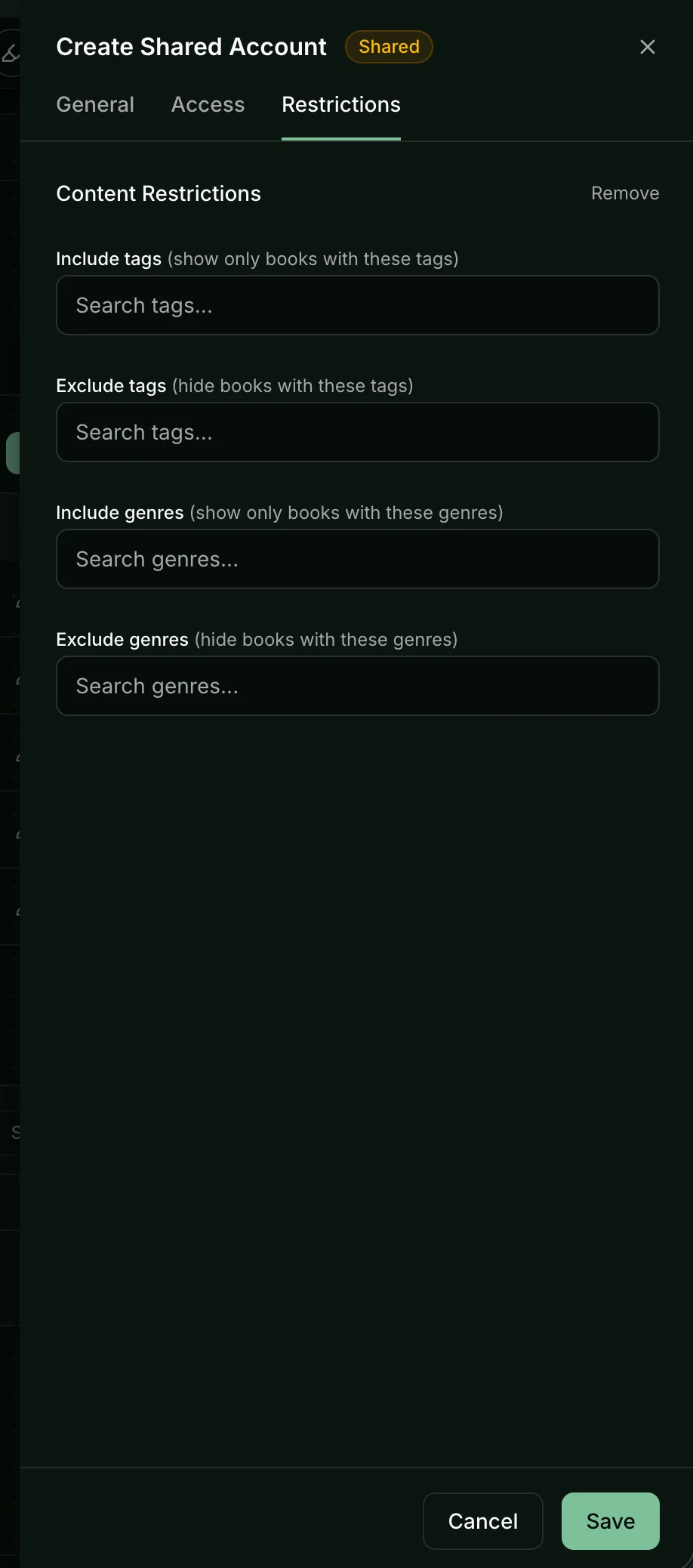 Account editor Restrictions tab with include and exclude tag and genre controls