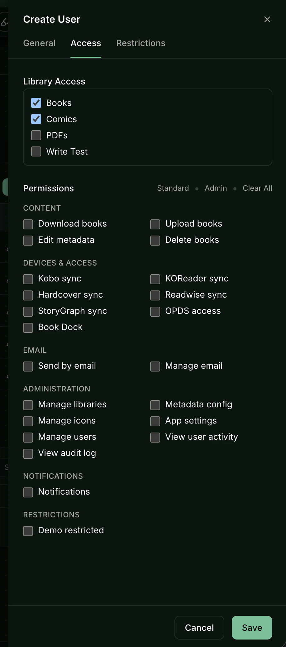 Account editor Access tab with library checkboxes and permissions grouped by category